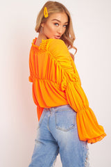 Neon Orange Chiffon Balloon Sleeve Crop Tie Front Blouse - Amelia-Blouse