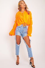 Neon Orange Chiffon Balloon Sleeve Crop Tie Front Blouse - Amelia-Blouse