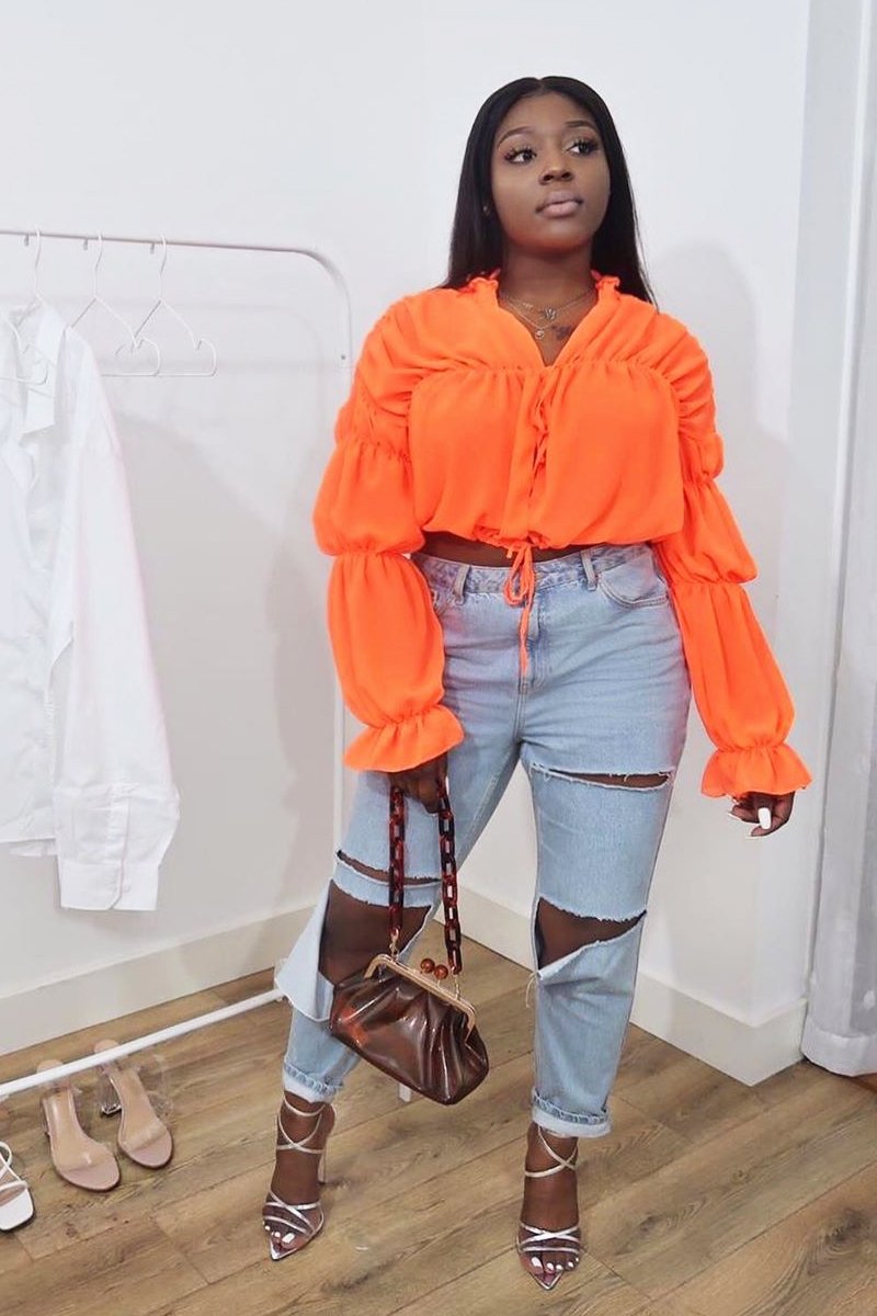 Neon Orange Chiffon Balloon Sleeve Crop Tie Front Blouse - Amelia-Blouse