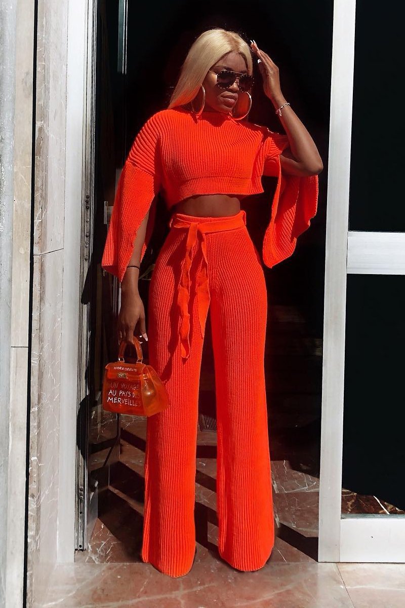 Neon Orange Chunky Knit Loungewear Set - Harper-Loungewear