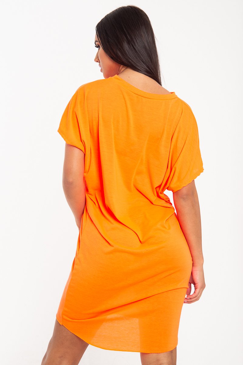 Neon Orange Oversized Pocket Front Midi T-Shirt Dress - Whitney-Dresses