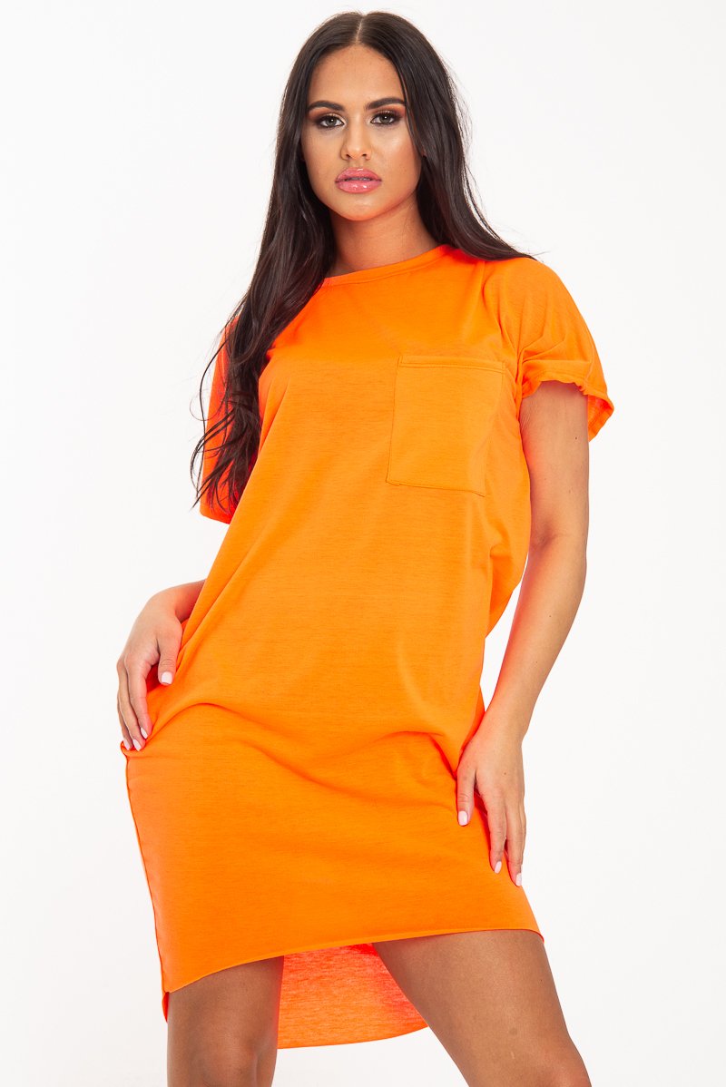Neon Orange Oversized Pocket Front Midi T-Shirt Dress - Whitney-Dresses