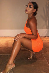 Neon Orange Rib Knit One Shoulder Mini Dress - Elisabeth-Dresses