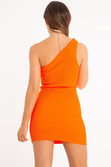 Neon Orange Rib Knit One Shoulder Mini Dress - Elisabeth-Dresses