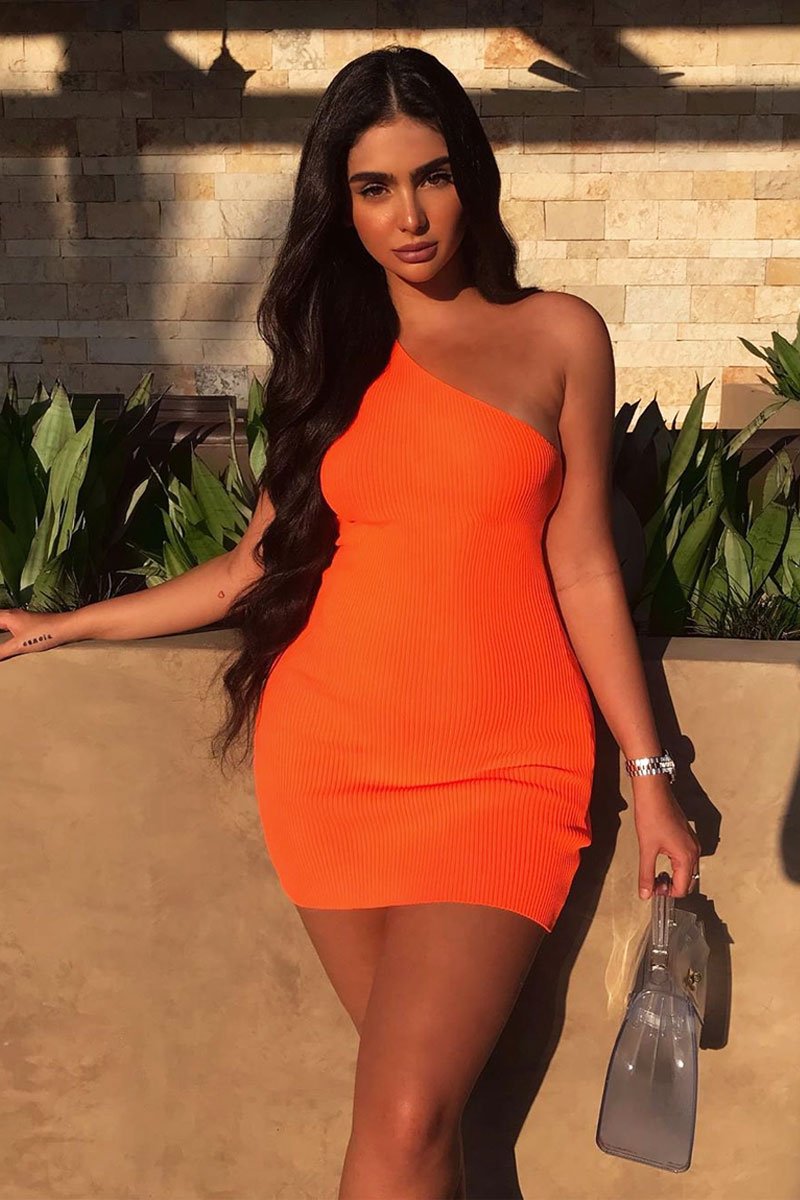 Neon Orange Rib Knit One Shoulder Mini Dress - Elisabeth-Dresses