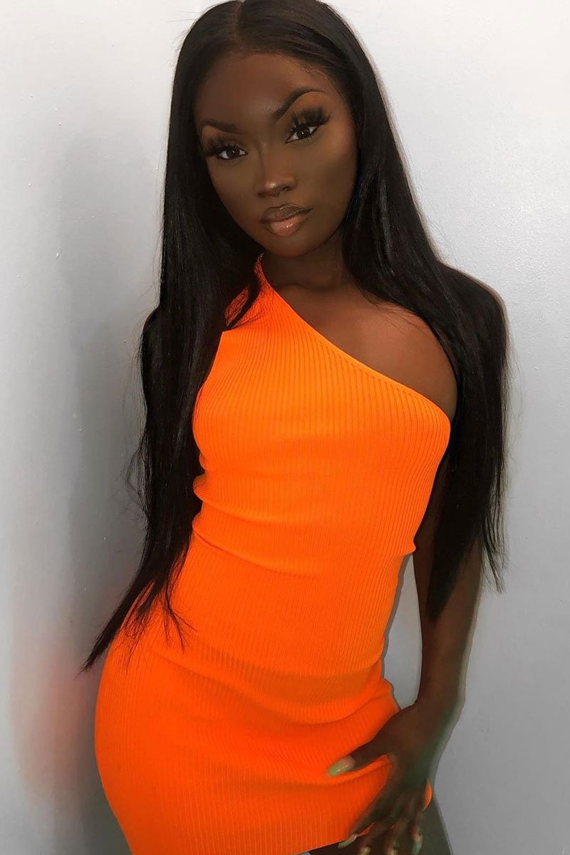 Neon Orange Rib Knit One Shoulder Mini Dress - Elisabeth-Dresses