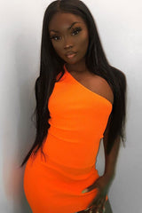 Neon Orange Rib Knit One Shoulder Mini Dress - Elisabeth-Dresses