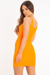 Neon Orange Rib Knit V Neck Mini Dress - Amylia-Dresses