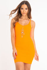 Neon Orange Rib Knit V Neck Mini Dress - Amylia-Dresses