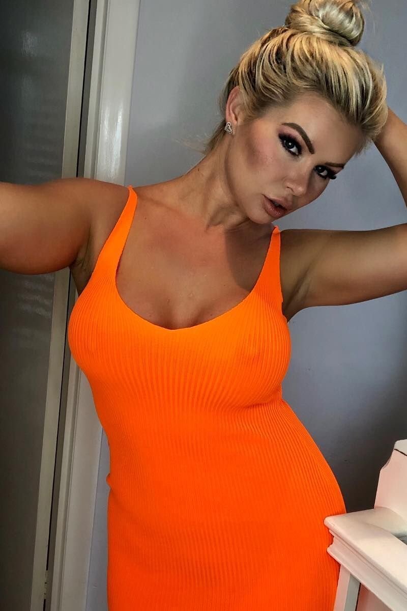 Neon Orange Rib Knit V Neck Mini Dress - Amylia-Dresses