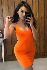 Neon Orange Rib Knit V Neck Mini Dress - Amylia-Dresses