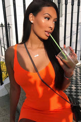Neon Orange Rib Knit V Neck Mini Dress - Amylia-Dresses