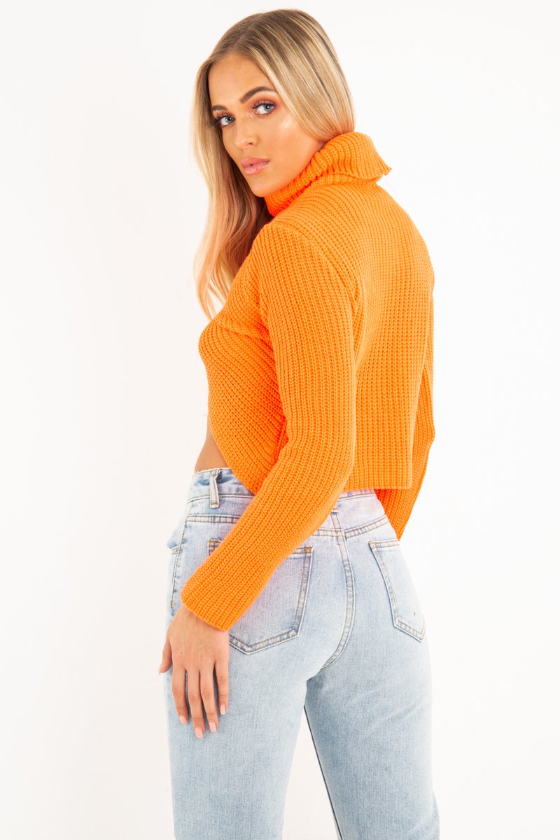 Neon Orange Roll Neck Knit Jumper - Nickole-Jumper