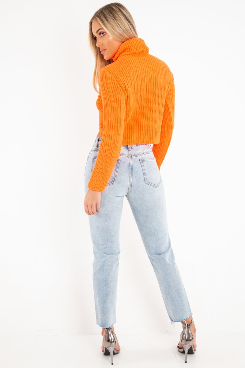 Neon Orange Roll Neck Knit Jumper - Nickole-Jumper