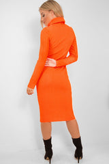 Neon Orange Roll Neck Rib Midi Jumper Dress - Giana-Dresses