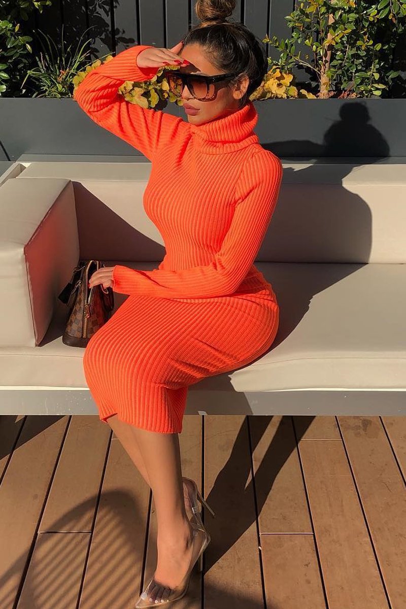 Neon Orange Roll Neck Rib Midi Jumper Dress - Giana-Dresses
