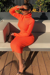 Neon Orange Roll Neck Rib Midi Jumper Dress - Giana-Dresses
