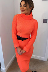 Neon Orange Roll Neck Rib Midi Jumper Dress - Giana-Dresses