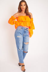Neon Orange Ruffle Bardot Crop Top - Ammie-Crop Tops