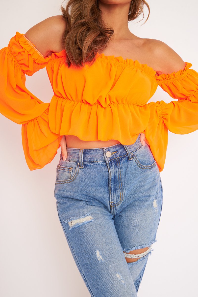 Neon Orange Ruffle Bardot Crop Top - Ammie-Crop Tops