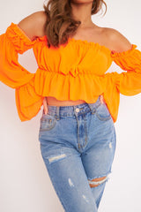Neon Orange Ruffle Bardot Crop Top - Ammie-Crop Tops