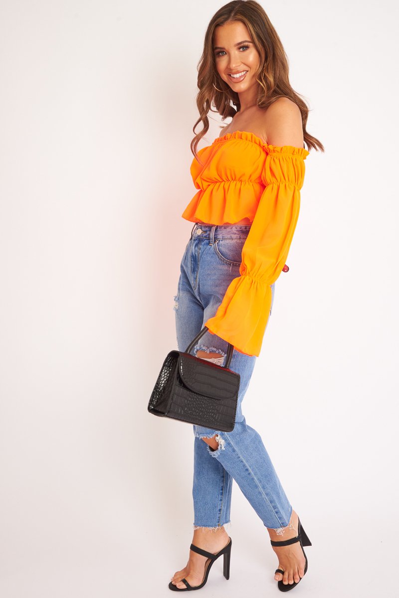 Neon Orange Ruffle Bardot Crop Top - Ammie-Crop Tops