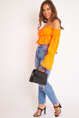 Neon Orange Ruffle Bardot Crop Top - Ammie-Crop Tops