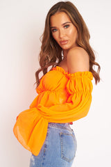 Neon Orange Ruffle Bardot Crop Top - Ammie-Crop Tops