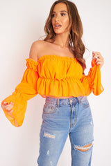 Neon Orange Ruffle Bardot Crop Top - Ammie-Crop Tops