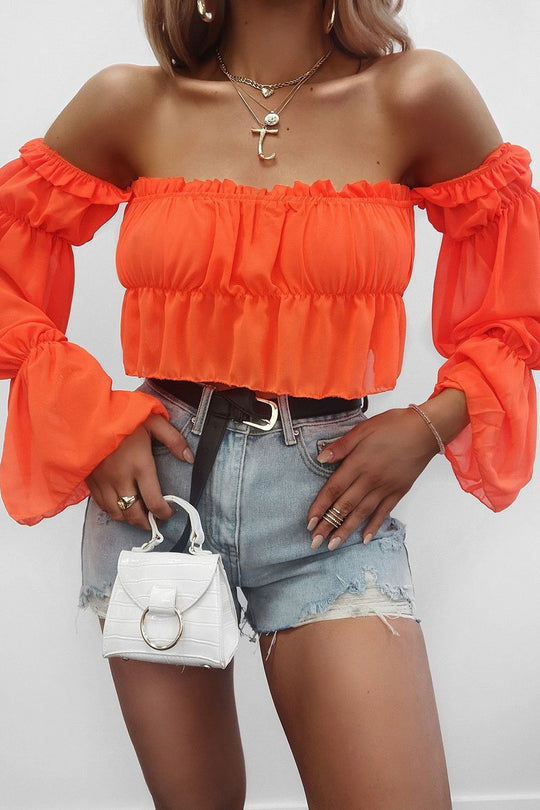 Neon Orange Ruffle Bardot Crop Top - Ammie