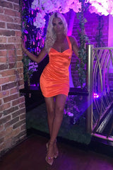 Neon Orange Satin Cup Detail Mini Dress - Jenna-Dresses