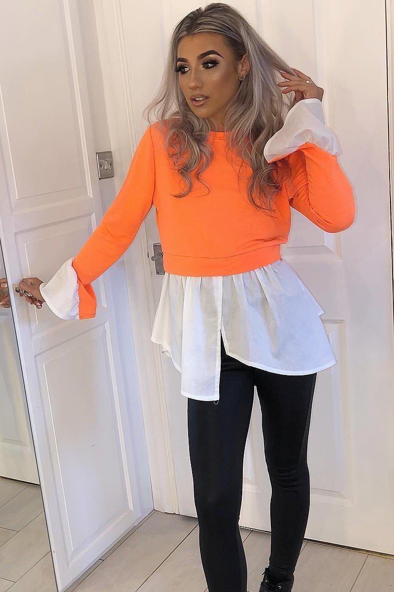 Neon Orange Shirt Insert Crew Neck Jumper - Kamilla-Shirts