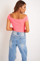 Neon Pink Bardot Button Down Bodysuit - Loda-Bodysuits