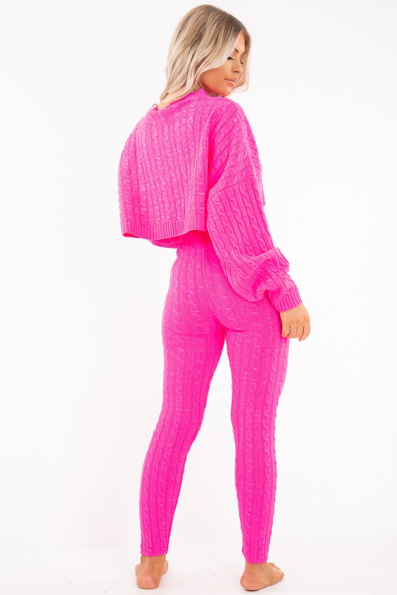 Neon Pink Cable Knit Batwing Jumper Loungwear Set - Janea-Co-ords
