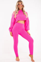 Neon Pink Cable Knit Batwing Jumper Loungwear Set - Janea-Co-ords