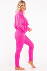 Neon Pink Cable Knit Batwing Jumper Loungwear Set - Janea-Co-ords