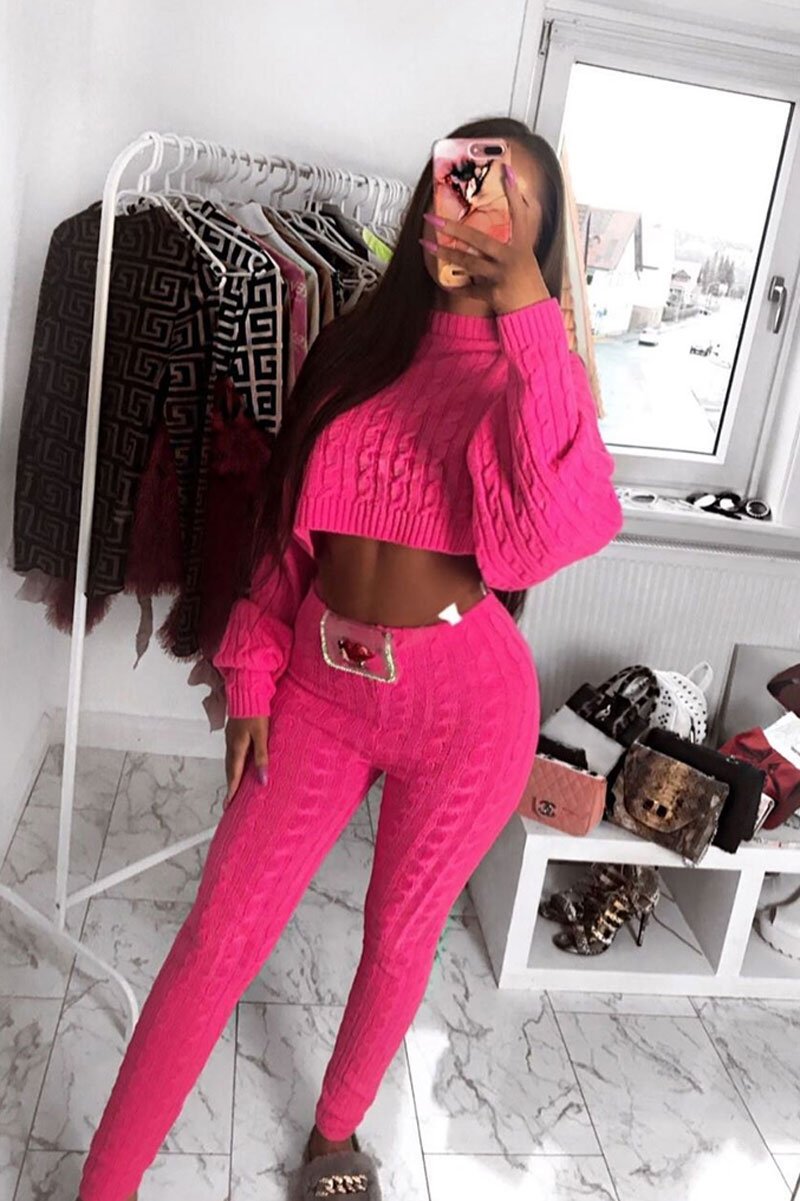 Neon Pink Cable Knit Batwing Jumper Loungwear Set - Janea-Co-ords