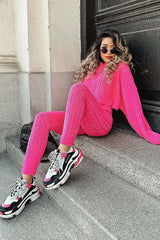 Neon Pink Cable Knit Batwing Jumper Loungwear Set - Janea-Co-ords