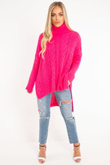 Neon Pink Cable Knit Roll Neck Jumper - Laraina-Jumper