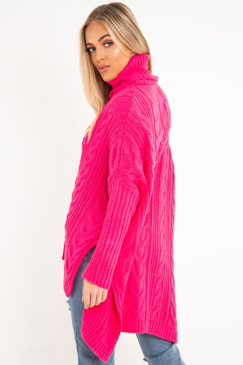 Neon Pink Cable Knit Roll Neck Jumper - Laraina-Jumper