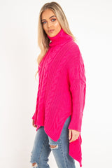 Neon Pink Cable Knit Roll Neck Jumper - Laraina-Jumper