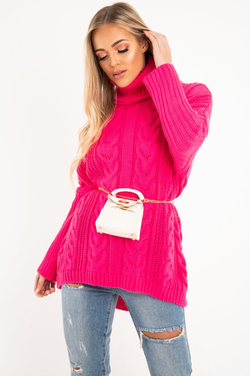 Neon Pink Cable Knit Roll Neck Jumper - Laraina-Jumper