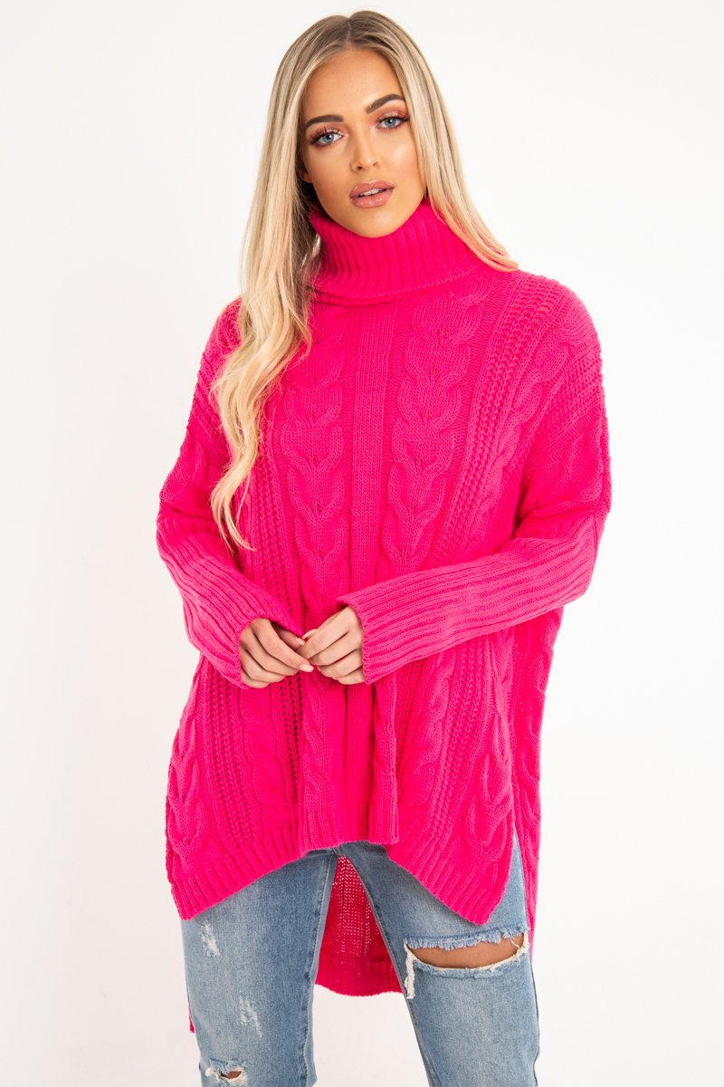 Neon Pink Cable Knit Roll Neck Jumper - Laraina-Jumper