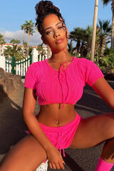Neon Pink Crochet Knit Top Shorts Co-ord - Aarini-Co-ords