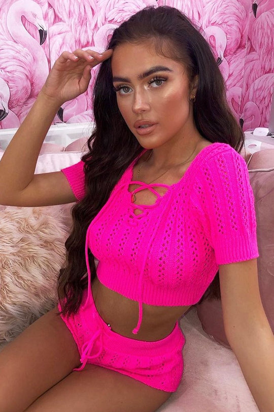 Neon Pink Crochet Knit Top Shorts Co-ord - Aarini