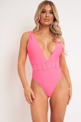 Neon Pink Extreme Plunge Belted Swimsuit - Elvi-Swimsuits