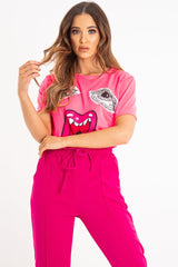 Neon Pink Eyes Lips Print T-Shirt - Ayva-T-shirt