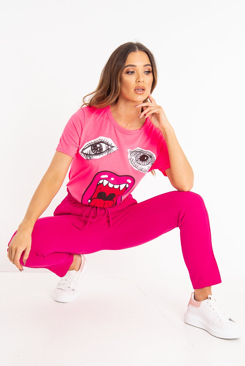 Neon Pink Eyes Lips Print T-Shirt - Ayva-T-shirt