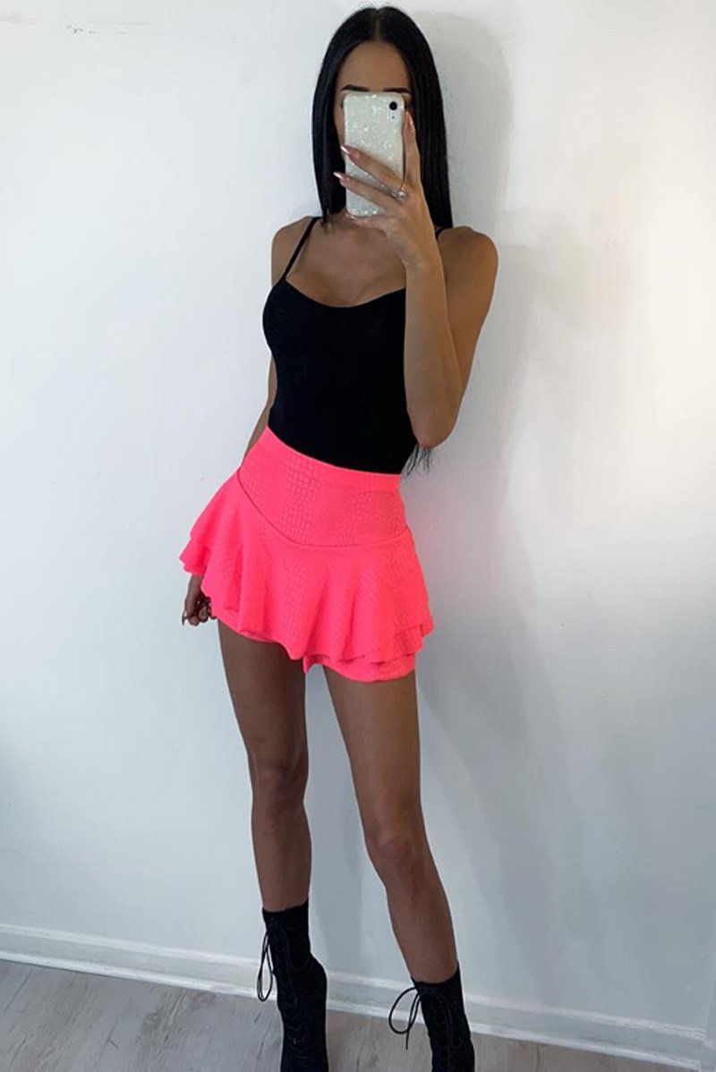 Neon Pink Faux Croc Frill High Waist Shorts - Pixie-Shorts