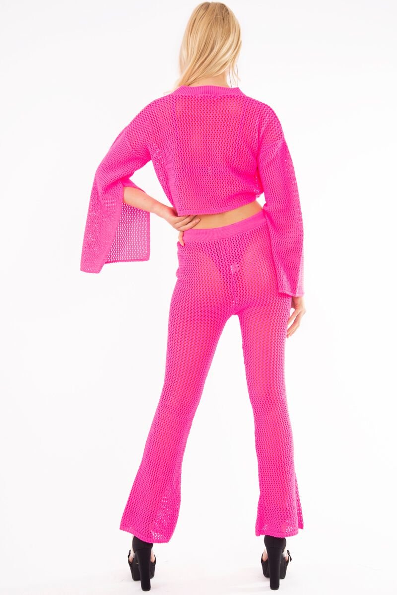 Neon Pink Fishnet Crop Jumper Wide Leg Trouser Co-ord - Haddie-Co-ords